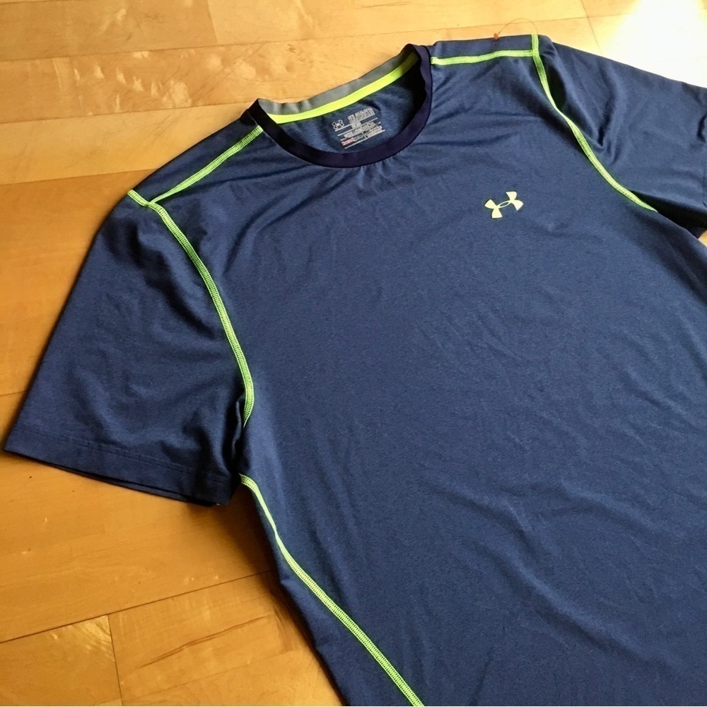Men’s Under Armour HeatGear Fitted Tee, Blue, Neon Yellow, Size 2XL